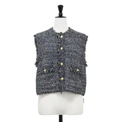 green label relaxing グリーンレーベル リラクシング ベスト ブラック系 黒 サイズ:FREE / 金ボタン ツイード ニット ベスト / ノースリーブ クルーネック ショート丈 コットン ナイロン【レディース】【中古】