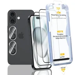 【 画期的なガイド枠・０失敗】 対応 iPhone 16 ガラスフィルム 【2枚液晶保護+2枚レンズ保護+ガイド枠】アイフォン16 フイルム 【 国産旭硝子素材 - 高 品質】 強化ガラス いphone16 保護フィルム 貼り付け簡単 耐衝撃