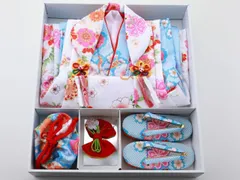 七五三 3歳女の子 総柄 着物 7点セット 被布コートセット 水色着物 fk-38