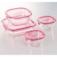 iwaki イワキ パック＆レンジ角型4点セット ピンク/耐熱ガラス PSC-PRN4P1 （1168-039）冷凍/電子レンジ/オーブン/食洗機OK キッチン 収納 透明 ガラス 食器 器 調理道具 キッチン容器 清潔 シンプル おしゃれ PACK&RANG