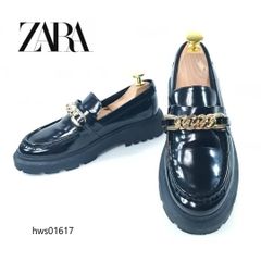 美品 ZARA ローファー チェーン 金具 トラックソール 35 ブラック ザラ レディース hws01617