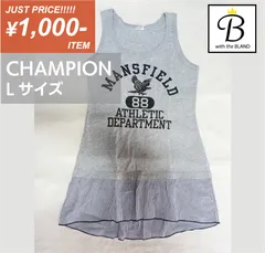 【285】チャンピオン　ノースリーブ切り替えカットソー　襟元ワンポイントロゴ　グレー　サイズL  フロントイーグルプリント　裾部分シャツ生地【with B】