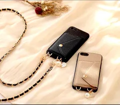 コインチャーム＆大粒パールスマホケース　iphone15 14 13 12 SE ショルダーストラップ ベージュ