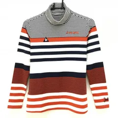 【美品】ルコック 長袖ハイネックシャツ 白×ネイビー ボーダー ロゴ刺しゅう レディース M ゴルフウェア le coq sportif