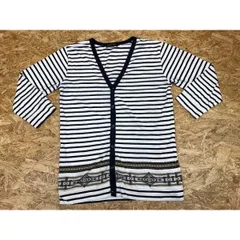 古着 ナノユニバース nano・universe カットソーカーディガン 若干薄手 ボーダー ノルディック柄 半端袖 M ポリ×綿 オフホワイト×ネイビー 白系×紺 メンズ
