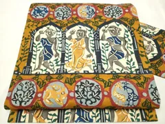 平和屋着物●九寸名古屋帯　紬地　型染め　向かい鳥人物草花文　正絹　逸品　CAAU9274hy