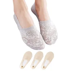 Free Size_ベージュ3足セット [Lino Ulu] 3足セット フットカバー 脱げない レディース 滑り止め付き 靴下 おしゃれ レース パンプス くるぶし ソックス (ベージュ3足セット)