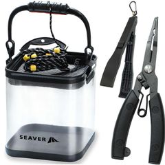 SEAVER 釣り バケツ 透明 選べる 3点セット 【魚が一目瞭然】 釣り道具 水汲み 折りたたみ プライヤー フィッシュグリップ 24cm