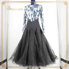 社交ダンス 衣装 ドレス ワンピース スタンダード ブラック系 ホワイト系 黒 白 グレイ系 グレー 長袖 シースルー 透け感 モノトーン 大きなスカート 三層スカート エレガント おしゃれ ヒールに合う 宴会 ブラッシュアップ 体型カバー スタイリッシュ