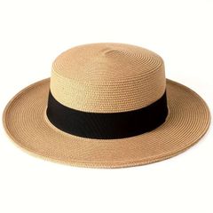ストローハット1pc クラシックフラットトップサンハット、クラシックソリッドカラーストロージャズハット、エレガントなフレンチスタイルのサマービーチハット、女性用男性用