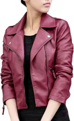 RONGUI ロングイ ライダースジャケット ダブル フェイクレザー レディース バイカー 革ジャン( ワインレッド,  S)