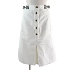 美品★LOUIS VUITTON ルイヴィトン コットン100% モノグラムリボン ロゴボタン付 フロントスリット ホワイトデニム スカート ホワイト 34 イタリア製 正規品 レディース