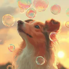 名入れOK【犬とシャボン玉 - ラフコリー・シェルティー犬 No.1】 アートポスター うちの子記念日 ペットロス 北欧 ナチュラル