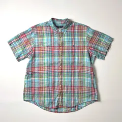 Ralph Lauren 半袖ボタンダウンリネンシャツ XL マドラスチェック 刺繍ロゴ 90s ラルフローレン ヴィンテージ風 上品系 カジュアルシャツ 古着 夏服