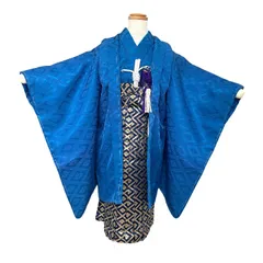 半額！アンティーク　七五三　5歳児　羽織袴セット　刺繍　家紋　青