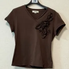 Paul Stuart	ポールスチュアート 黒田エイミ着こなし 半袖 フラワーモチーフ Tシャツ　L  黒田エイミ 着こなし ブラウン　茶色　涼しい　夏　サラサラ生地　花　コサージュ　Vネック　細見え　綺麗　華やか　オシャレ
