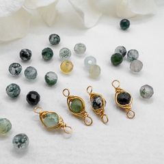 ＊4個＊ 天然石 パーツ モスアゲート ワイヤーラッピング コネクター チャーム 金 ワイヤー巻き te104