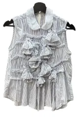 コムデギャルソン COMME des GARCONS トリコ tricot 15SS 16SS 薔薇 花 丸襟 ギャザー ブラウス バックリボン BLUE 青 WHITE 白 TQ-B007 ノースリーブ ストライプ ホワイト Mサイズ 104LT-107