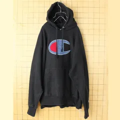 00s USA champion チャンピオン ワッペン リバースウィーブスウェットパーカー フーディー ブラック メンズL アメリカ古着　082725aw50