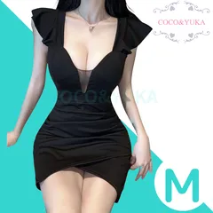 [ COCO&YUKA公式 ] ココアンドユカ 谷間 魅せ セクシー タイト ミニ ワンピース 半袖 キャバ 嬢 クラブ ドレス パット 付き スカート カシュクール スリット ワンピ ノースリーブ シースルー フリル 袖 ブラック M B0CJ29P9DF