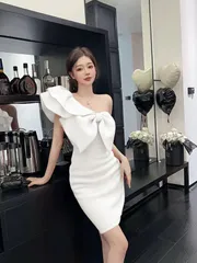 Mサイズ　キャバドレス　ミニ　ワンピース　ホワイト　リボン　ワンショルダー