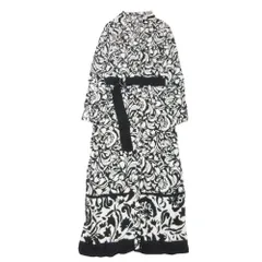 未使用 ZARA ザラ 総柄 ベルテッド シャツワンピース ロング ドレス オープンカラー スキッパー 花柄 S 黒×白 レディース 古着 中古 USED