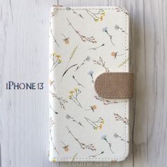 iPhone13 ケース 手帳型★北欧風 ボタニカル フラワー