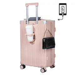 [SUPBOX] スーツケース 機内持ち込み キャリーケース USBポート付き キャリーバッグ カップホルダー付き 隠しフック機能 充電機能 大型 静音 ダブルキャスター 耐衝撃 360度回転 軽量 修学 泊まる 旅行 出張 (Mサイズ/47L, ピンク) 1