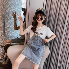 オールインワン【130cm】 サロペット スカート デニム キッズ tシャツ 半袖 女の子 セットアップ オーバーオール ワンピース 膝丈 夏 おしゃれ かわいい 可愛い カジュアル 子供服 子供 ジュニア こども 小学生 中学生  白 130cm