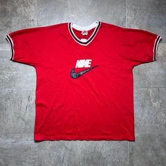 【90s・usa製】NIKE  希少  ゲームシャツ  銀タグ  ナイキ  アメリカ製  赤  メッシュTシャツ  ユニフォーム  Ｖネック  Tシャツ  古着  ロゴ  スウィッシュ レトロ