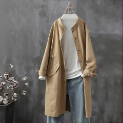 ☆ キャメル ☆ 2XLサイズ ☆ トレンチコート ロング 春秋 スプリングコート レディース ロング コート ノーカラーコート ロングコート カジュアル 春 秋 春秋 バンドカラー 上着 無地 シンプル おしゃれ きれいめ ロング丈 大きいサイズ ゆったり