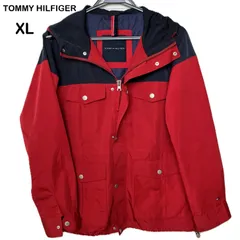 【TOMMY HILFIGER/トミーヒルフィガー】XL マウンテンパーカー ジャケット フード付きジャケット アウター アウトドアジャケット ジップアップ 大きいサイズ 赤 レッド×ネイビー （中古・美品）