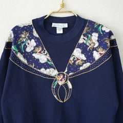 USA製 アメリカ製 スウェット トレーナー 裏起毛  スカーフ ファンシー ネイビー 刺繍 Lサイズ 古着【UR-0582】