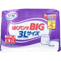 リフレ はくパンツ BIG 3Lサイズ 14枚入 大人用紙おむつ 介護用パンツ 吸収性下着 使い捨てパンツ 尿漏れ対策 3L 男女兼用 高齢者用 [14枚入×1パック]のサムネイル