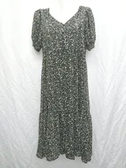 ◇ ⊂ OLIVE des OLIVE オリーブデオリーブ シアー 花柄 半袖 膝下丈 ワンピース サイズF ブラック マルチ レディース P  【1408200025608】