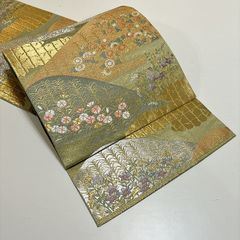 ★未使用　美品　袋帯　金・緑　花　正絹★ r079