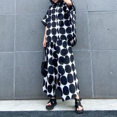 モード系  モードな印象　動きやすい　ワイド幅　お洒落　ハーレムパンツ　デザインシャツ　モノトーン  ハーフスリーブデザイン  シャツ＆ハーレムパンツセット ドット 水玉模様