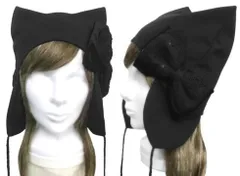 ハンドメイド◆リボン飾り／耳あて付 猫耳帽子(ゆったり)◆コットンニット／黒
