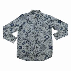 バティックシャツ コットン長袖シャツ ホワイト＆ブルー アジアン雑貨 バリ雑貨 リゾートウェア 長そでシャツ メンズ ユニセックス ユニフォーム 制服 インドネシア 民族衣装【メール便】150309