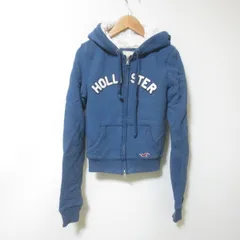 C194　Hollister　ホリスター　ネイビー　ロゴ　裏ボア　長袖　パーカー　ジップアップ　S　