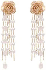 AREUM ピアス 花柄 パールチェーン 両耳 垂れ下がり レトロ ゴールド レディース 薔薇 2way おしゃれ かわいい アクセサリー(ゴールド,  中)