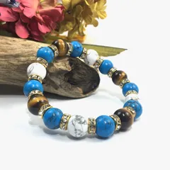 タイガーアイ×ハウライト×ターコイズ パワーストーンブレス 10mm（ゴールド）メンズ・レディース 男性・女性 数珠ブレス 開運   [c]