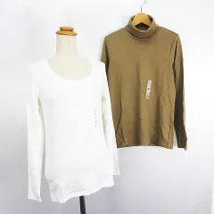 ユニクロ UNIQLO 2点セット Tシャツ カットソー 長袖 クルーネック タートルネック プレミアムコットン ストレッチ L オフホワイト ベージュ ※EKM