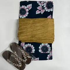 （中古品） レディース 浴衣 帯 下駄 3点セット 平織り 綿 フリーサイズ 紺 ピンク ひまわり 兵児帯 茶 桐下駄 黒 花