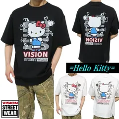Tシャツ ハローキティ VISION/ヴィジョン コラボ メンズ/レディース HELLO KITTY リンガー/スケボーロゴ tシャツ プリント 半袖 オーバーサイズ カットソー ブラック/ホワイト サイズS-M-L-XL