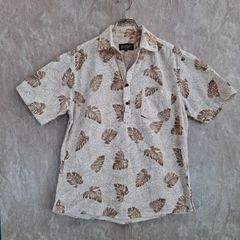 Eddie Bauer エディーバウアー トロピカル 葉っぱ 柄 総柄 スリット 胸ポケット ブラウン　茶色 ホワイト 白 S ポロシャツ アロハシャツ