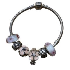PANDORA ブレスレット バングル チャーム フラワー ピンク シルバー