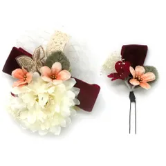 髪飾り ２点セット 赤 リボン レース 蝶々 牡丹 スミレ 成人式 花 和風 浴衣 着物 振袖 袴 ドレス 七五三 子供 結婚式 卒業式 入学式 コーム 日本製 ヘアアクセサリー ヘアコーム 送料無料 エンジ W 65 324-365 u791　Si