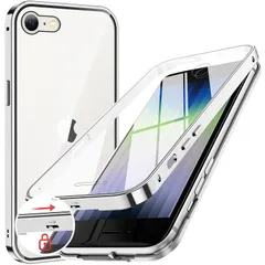 NIANGUO【ロック機能付き・自動ポップアップボタン】 iPhone SE3 用 ケース 第3世代 2022 iPhone SE2・8・7 用 ケース クリア【両面強化ガラス】 9H硬度 全面保護 アルミバンパーケース メタルフレーム 耐衝撃 傷防止 高 1