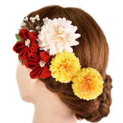 髪飾り 成人式 つまみ細工 赤 振袖 前撮り 袴 浴衣 夏祭り 花火大会 豪華6点セット 白 黄 ちりめん パール ヘアアクセ かんざ No.9-3986